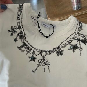 Bershka White Tee with Silver Chain Design